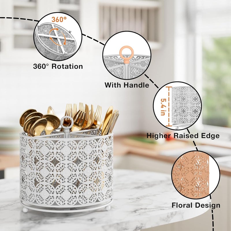 YIUKEA Rotating Utensil Caddy Holder - Higher Raised Cutlery Caddy Countertop - Metal Silverware Caddy Organizer with 4 Compartment for Kitchen Counter Party Office white - Image 4